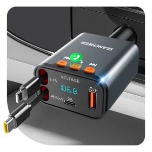 SEANCHER 자동차 블루투스 어댑터 및 충전기 USB C 69W 라이터 어댑터 2개의 접이식 케이블 핸즈프리 통화용 FM 송신기 5.3 MP3 플레이어(그레이[USB-C+라이트닝])