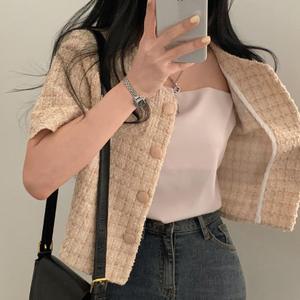 EAMT 여성 트위드 반팔 코트 여름 시크 버튼 숏 체크 상의 EUNG