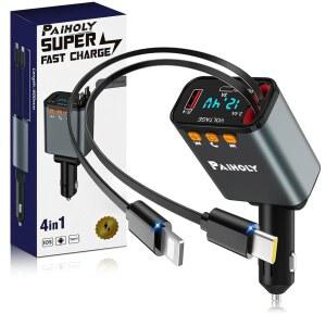 블루투스 5.3 자동차 어댑터 FM 송신기 충전기 4 IN 1 접이식 RV SUV 트럭용 휴대폰 USB C PD 고속 충전 아이폰호환 17 / 16 15 14 (C+L) 장착
