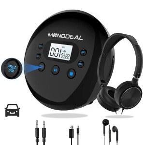 헤드폰 포함 휴대용 CD 플레이어 FM 송신기 차량용 모노딜 충전식 미끄럼 방지 LCD 디스플레이 백라이트 버튼 15시간 배터리 AUX 케이블