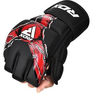 MMA 트레이닝 스파링용 RDX AURA 2025 그래플링 장갑 마야 가죽 숨기기 고밀도 폼 패딩 패딩 엄지 보호 후크 및 루프 손목 스트랩 레드 블랙
