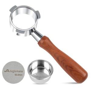 스테인리스 스틸 필터 홀더 및 바구니가 있는 54MM 바닥 없는 포터필터 - 브레빌 바리스타 익스프레스용 3-이어 에스프레소 필터(BES870 /878 /875 /840 / 듀오템프 프로) 내구성이 뛰어난 견고한 목재 손잡이 U2013