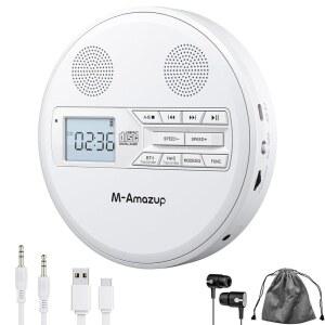 M-AMAZUP CD 플레이어 휴대용 듀얼 스피커 및 미끄럼 방지 기능이 있는 충전식 휴대용 플레이어 CD 블루투스 FM 전송 USB AUX LCD 디스플레이 민감 버튼 반복 홈카 화이트용 10가지 속도