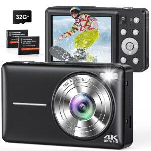 오토 포커스 듀얼 카메라 플래시 16배 줌 32GB 카드 사진 촬영용 6400만 화소 소년 소녀 청소년 성인 브이로그 블랙 4K 컴팩트 포인트 및 디지털 카메라