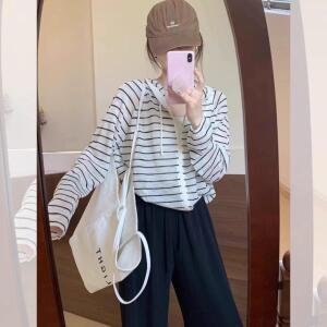 원픽 여성 스트라이프 니트 쿨링 실크 후드 자외선 차단 카디건 얇은 에어컨 여름 서스펜더 탑 블라우스