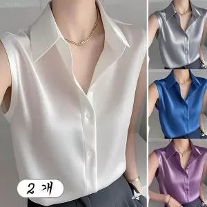 1+1 여성 민소매 오피스룩 카라넥 새틴 캐주얼 셔츠 블라우스 2p 세트