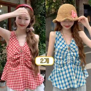 1+1 여성 민소매 체크 패턴 미디롱 블라우스 브이넥 셔링 상의