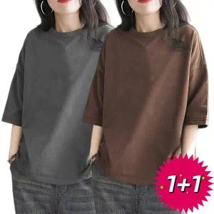 1+1 여성 반팔티 블라우스 여성 루즈핏 무지 7부팔 티셔츠 여름 캐주얼 데일리	TDC26033042 32