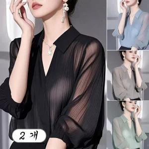 1+1 여성 봄여름 시스루 5부소매 셔츠 얇은 블라우스 2p 세트