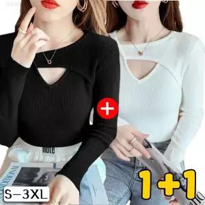 1+1 여성 봄여름 펀칭 브이넥 이너 긴팔 상의 2장 세트