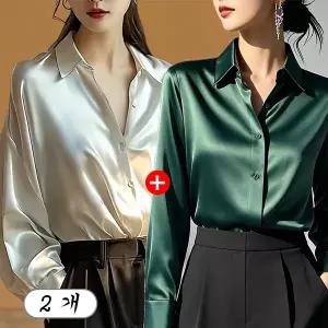 1+1 여성 새틴 실크 블라우스 긴팔 광택 셔츠 우아한 오피스룩 2p 세트