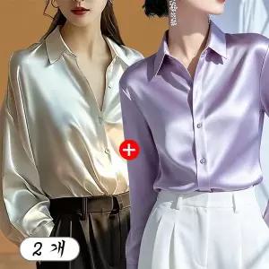 1+1 여성 새틴 실크 블라우스 긴팔 광택 셔츠 우아한 오피스룩 2p 세트