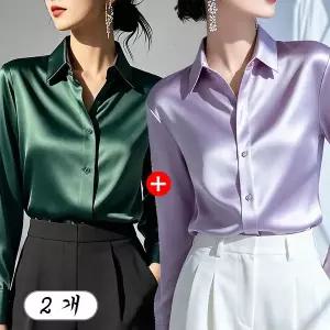 1+1 여성 새틴 실크 블라우스 긴팔 광택 셔츠 우아한 오피스룩 2p 세트