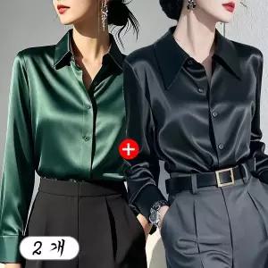 1+1 여성 새틴 실크 블라우스 긴팔 광택 셔츠 우아한 오피스룩 2p 세트