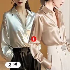 1+1 여성 새틴 실크 블라우스 긴팔 광택 셔츠 우아한 오피스룩 2p 세트