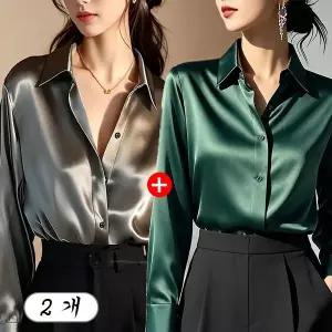 1+1 여성 새틴 실크 블라우스 긴팔 광택 셔츠 우아한 오피스룩 2p 세트