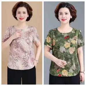 1+1 여성 쉬폰 플라워 프린팅 반팔 블라우스 라운드넥 루즈핏 상의