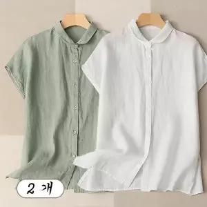 1+1 여성 얇은 린넨 여름 캐주얼 반팔 셔츠 루즈핏 블라우스 2장 세트
