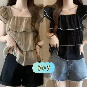 1+1 여성 여름 쉬폰 반팔 블라우스 루즈핏 스퀘어넥 프릴 캉캉 블라우스