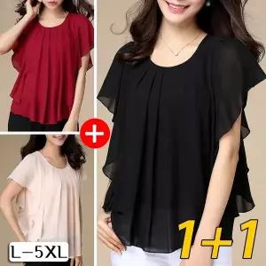 1+1 여성 우아한 프릴 블라우스 루즈핏 부드러운 반팔티 2p