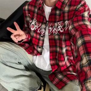 남녀공용 커플 자수 셔츠 아우터 체크롱셔츠 빅사이즈 루즈핏 커버 데일리 자외선 차단