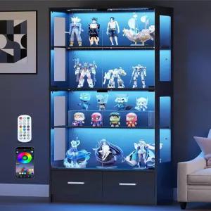 유리문이 있는 램터 디스플레이 캐비닛 - RGB LED 조명과 서랍 2개가 수집품용 67인치 큐리오 거실 사무실