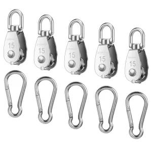 Oualhoo 5 PCS 304 스테인리스 스틸 M15 실버 싱글 풀리 블록 와이어 로프 걸이 견인 휠 팅 크레인 스프링