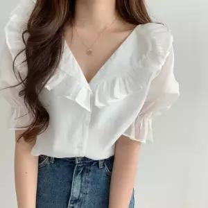 미중 여성 여름 뉴 부드러운 브이넥 프릴 박시 얇은 퍼프 시폰 반팔yy