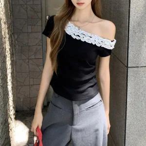 미중 여성 여름 뉴 사선어깨 오프숄더 슬림핏 날씬 배색 반팔yf