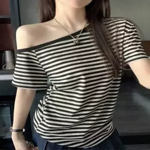 오프숄더 티셔츠 스트라이프 여자 어깨트임 언발 상의