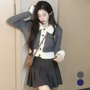 [하프클럽/]금장버튼 여자 골지 단추 카라니트 가디건 2color 아우터 스쿨룩