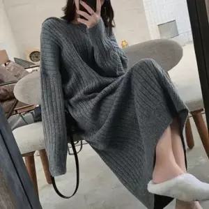 [에이치플러스몰]롱원피스 니트 골지 후드 데일리 캐주얼 홈웨어