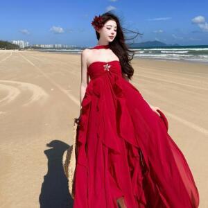 여성 홀터넥 원피스 여름 스몰 드레스 언밸런스 톱 프릴 백 바캉스룩 롱스커트