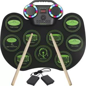전자 드럼 키트 본비 휴대용 롤업 디지털 9개의 패드 MIDI DTC 내장 듀얼 스피커 충전식 2000mAh 리튬 이온