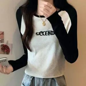 긴팔 티셔츠 여성 나그랑 자수 크롭 봄 가을 티셔츠