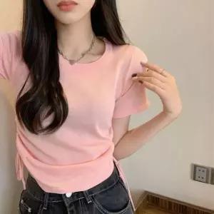 반팔티셔츠 유넥 크롭 셔링 반팔 티셔츠 옆셔링 세미크롭