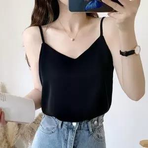 브이넥 나시 여성 민소매 크롭 끈 나시티 데일리 홈웨어