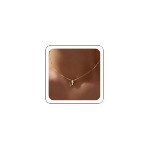 woman 십대 소녀를 위한 크로스 다인티 Poxtex 종교 14K 도금 기독교 선물 작은 패션목걸이 세례 목걸이 귀여운 목걸이 골드 실버 신앙 주얼리 비타니 방수