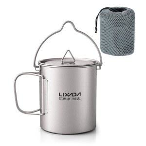 뚜껑이 있는 리사다 티타늄 워터 머그컵과 접이식 손잡이 초경량 750ML 냄비 휴대용 야외 캠핑 요리 피크닉