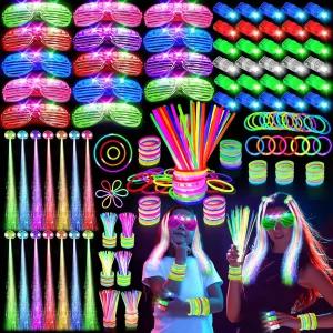 SHQDD 158 PCS 글로우 인 더 다크 파티 용품 14 LED 안경 30 핑거 라이트 헤어 및 100 스틱 팔찌 네온