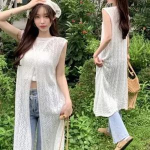 휴가룩 루즈핏 여성 펀칭 원피스 민소매 레이어드 시스루 레이스
