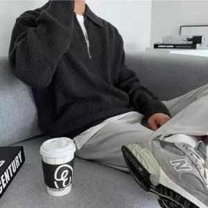 [리빌모아]남자 루즈핏 카라 무지 반집업 골지 니트 DMS-KN-SISTS92-블랙