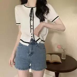 [RIZPICK]반팔 가디건 여성 크롭 넥 리본 타이 사무실 봄 가디건