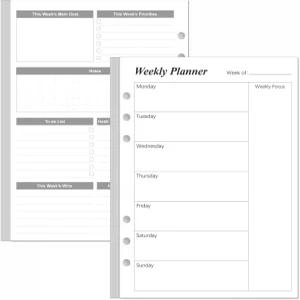 A5 바인더 주간 플래너 리필 - 53장/106페이지 날짜 미정 6홀 펀칭 100gsm 백서 1년 지속 5.8 x 8.3 블랙