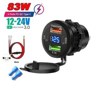 86W 듀얼 QC3.0 USB & PD3.0 차량용 충전기 전원 콘센트 소켓 타입-C 고속 (LED 전압계 내장  12-24V