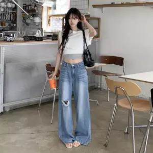 여자 하이웨스트 와이드핏 면혼방 컷팅 청바지