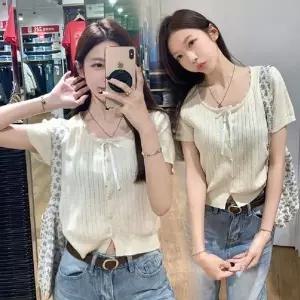 [하프클럽/]페미닌 프릴 레이스 슬림 반팔 데일리룩 니트티