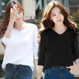 오너클랜 여성 루즈핏 브이넥 라운드티 긴팔 검정 흰색 면티 여름 쿨티 맨투맨티셔츠 레이스나시