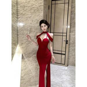 EAMT 여성 원피스 여름 홀터넥 오프숄더 슬림핏 트임 스커트 EUNG
