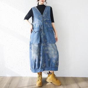 원픽 여성 빅 카고 봄 여름 빈티지 슬림핏 롱 데님 티 플라워 나시 원피스 조끼